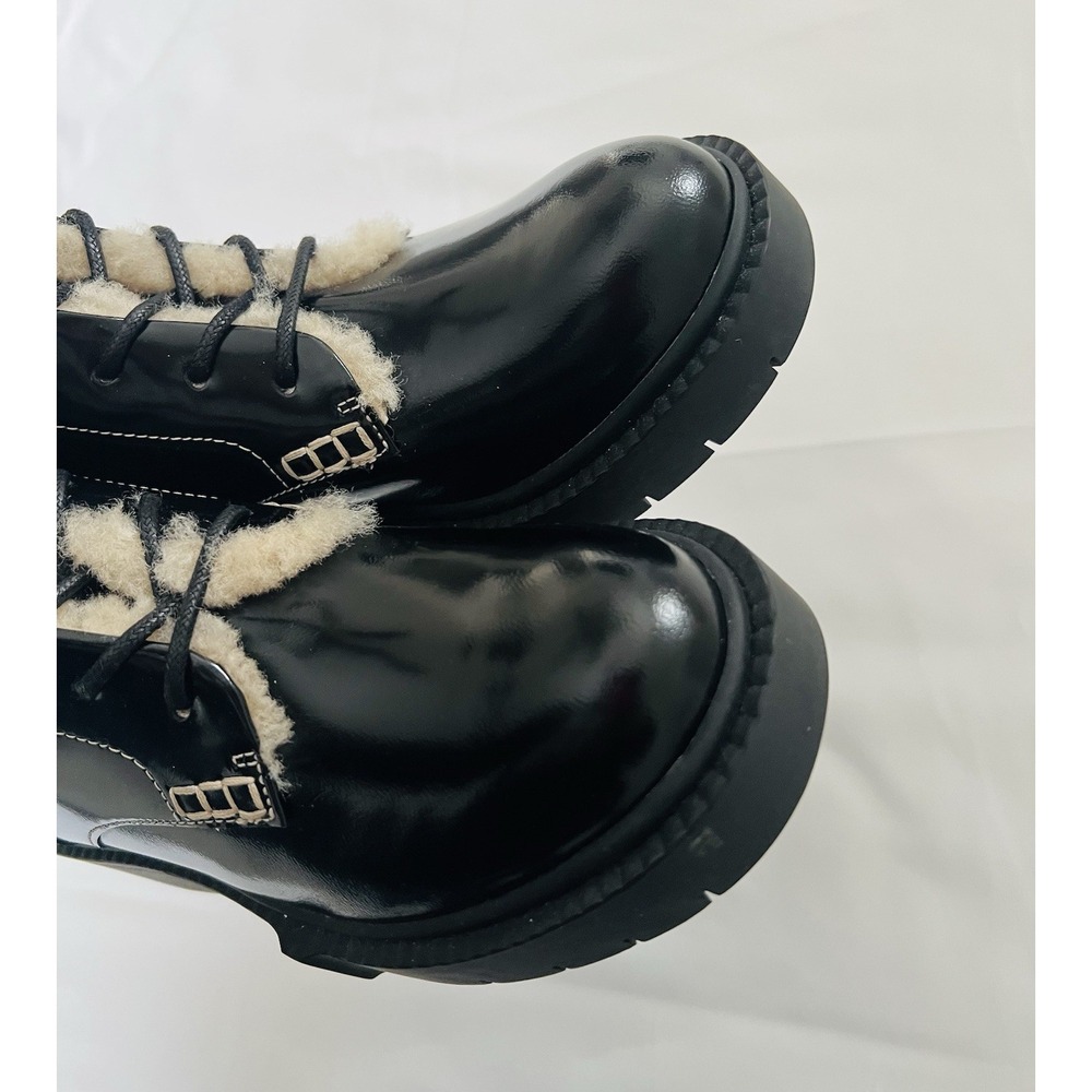 COACH Black High Shine Leather Shearling Combat Booties Uniform Dress Shoes 9.5B - Picture 8 of 13